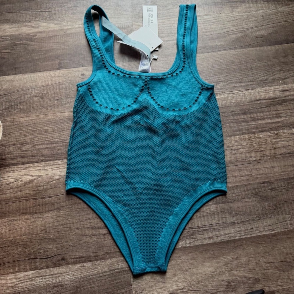 Zara‎ Limitless Contour Collection Bodysuit Teal Blue Pointelle Knit M-L NWT